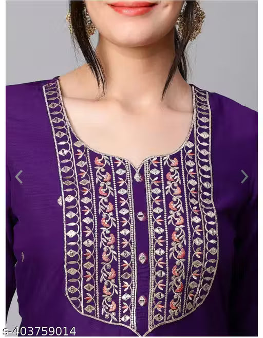 Women's Violet Cotton Blend Embroidered Straight Kurta With Trouser & Dupatta