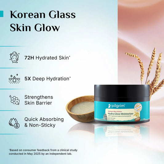 Pilgrim Korean Rice Water Hydra Glow Moisturizer 100gm with 5 Hyaluronic Acids, 3% Niacinamide, 5 Ceramides | 5x Hydration & Instant Glass Skin | Oil-Free, Lightweight Gel | For All Skin Types | For Women & Men (100gm)