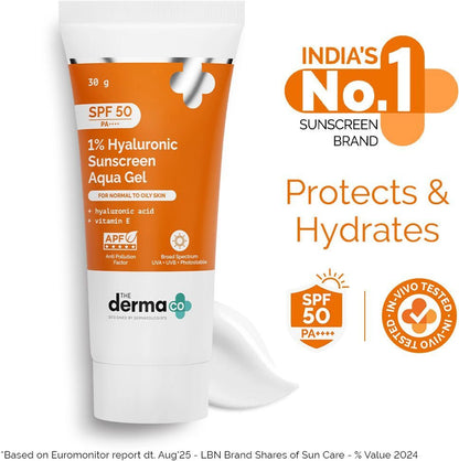 The Derma Co.1% Hyaluronic Sunscreen SPF 50 Aqua Gel, PA++++, Lightweight, No white-cast for Broad Spectrum & Blue Light Protection for Oily, Dry, Acne-prone Skin - 30g