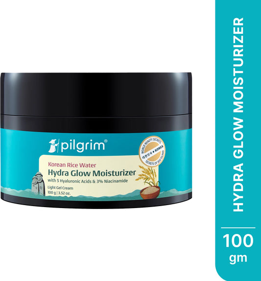 Pilgrim Korean Rice Water Hydra Glow Moisturizer 100gm with 5 Hyaluronic Acids, 3% Niacinamide, 5 Ceramides | 5x Hydration & Instant Glass Skin | Oil-Free, Lightweight Gel | For All Skin Types | For Women & Men (100gm)