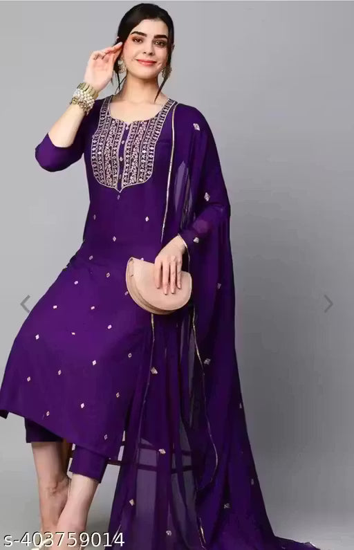 Women's Violet Cotton Blend Embroidered Straight Kurta With Trouser & Dupatta