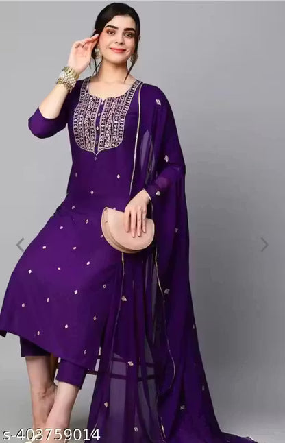 Women's Violet Cotton Blend Embroidered Straight Kurta With Trouser & Dupatta