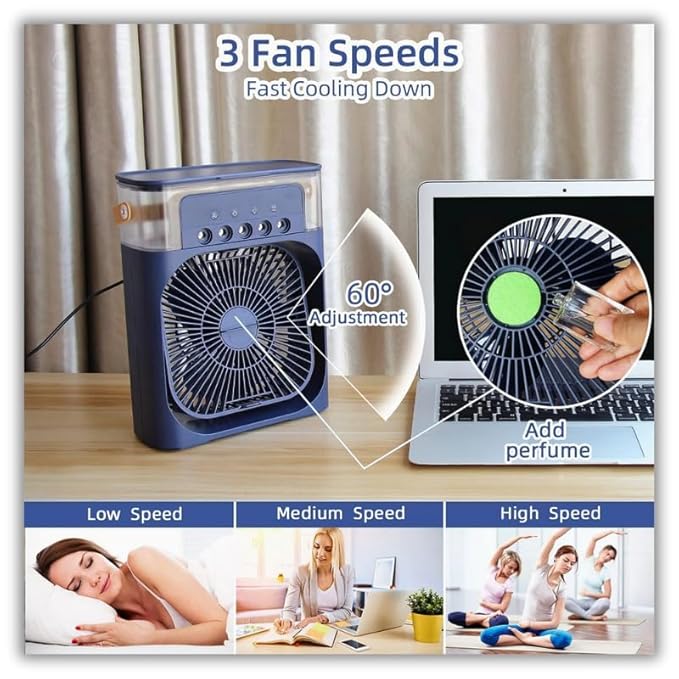 Portable Mini Air Cooler Fan with Water Tank & USB Power - Mini Personal Evaporative Cooler with 3 Speeds, Mist Humidifier, LED Light, Quiet Cooling for Home, Office, Bedroom