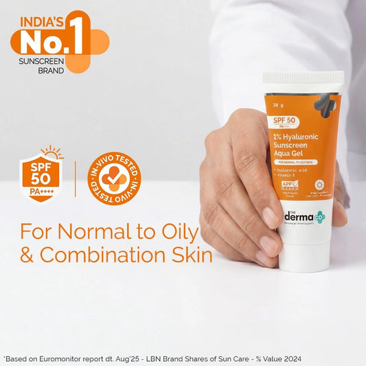 The Derma Co.1% Hyaluronic Sunscreen SPF 50 Aqua Gel, PA++++, Lightweight, No white-cast for Broad Spectrum & Blue Light Protection for Oily, Dry, Acne-prone Skin - 30g