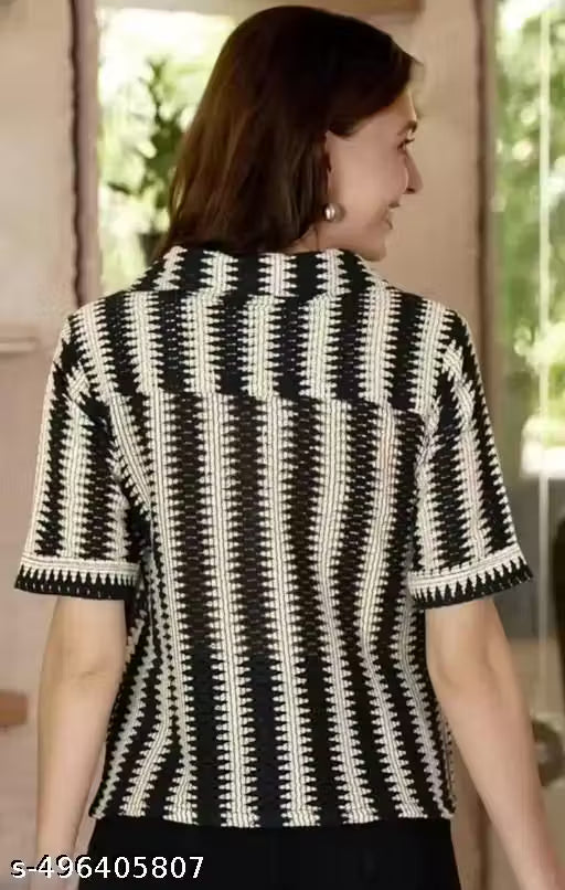 Women’s Black and Beige Striped Casual Top – Regular Fit Short Sleeve