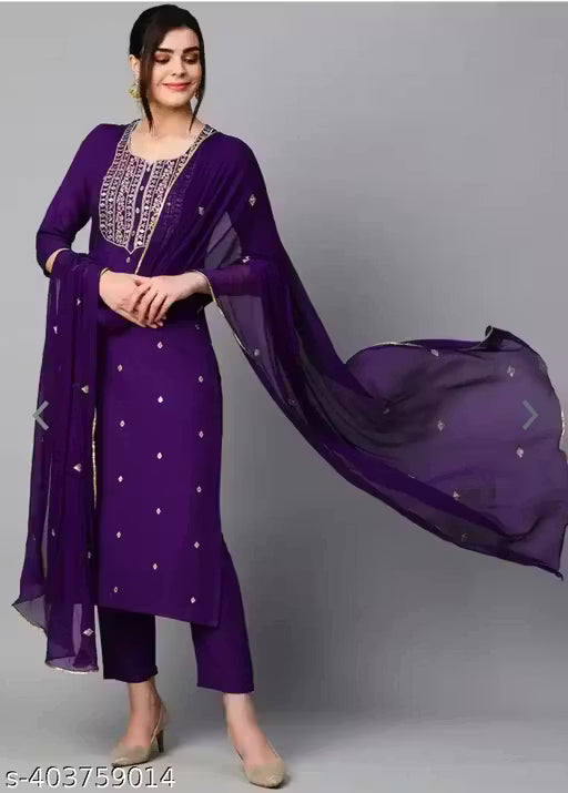 Women's Violet Cotton Blend Embroidered Straight Kurta With Trouser & Dupatta