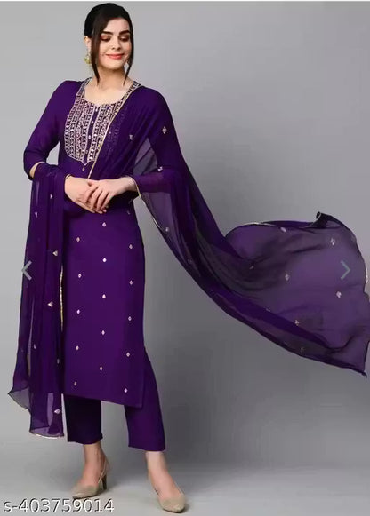Women's Violet Cotton Blend Embroidered Straight Kurta With Trouser & Dupatta