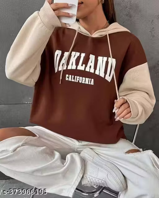 Beige and Brown Color block hoodie for Women