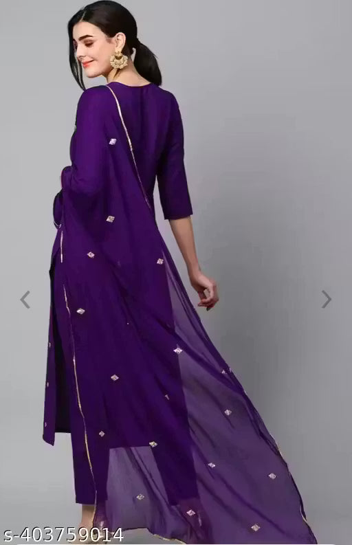 Women's Violet Cotton Blend Embroidered Straight Kurta With Trouser & Dupatta