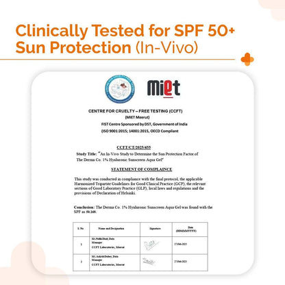 The Derma Co.1% Hyaluronic Sunscreen SPF 50 Aqua Gel, PA++++, Lightweight, No white-cast for Broad Spectrum & Blue Light Protection for Oily, Dry, Acne-prone Skin - 30g