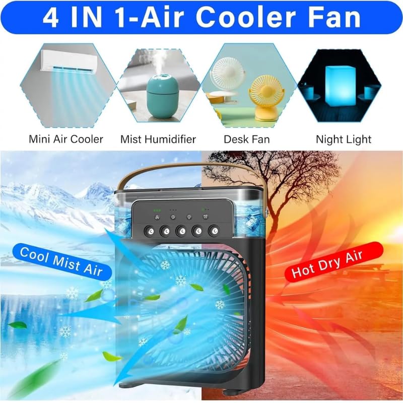 Portable Mini Air Cooler Fan with Water Tank & USB Power - Mini Personal Evaporative Cooler with 3 Speeds, Mist Humidifier, LED Light, Quiet Cooling for Home, Office, Bedroom